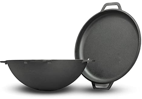 4BIG.fun Gusseisen Kazan 10 L Schwenktopf Kasan mit Deckel-Bratpfanne Wokpfanne Grill Cast Iron Campingtopf Kessel Asia Wok Traditioneller Gusstopf Grillwok