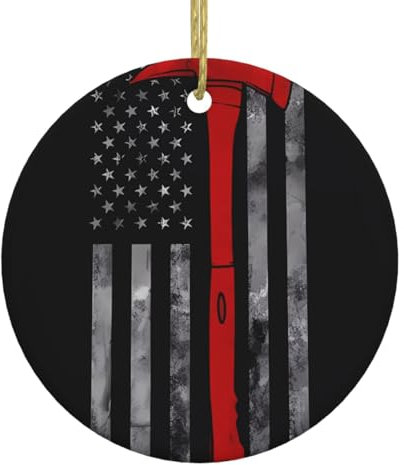 Ceramic Christmas Hanging Ornament - Personalized Round Decorative Pendant With Gold String Firefighter Axe Red Line Flag