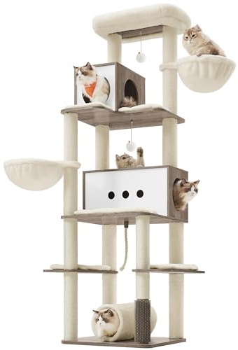 Feandrea Kratzbaum groß, 192 cm hoch, Katzenbaum XXL, modern, mehrstöckiges Katzenhaus mit 2 Höhlen, 2 Liegemulden, 4 Kratzstämmen, Katzenbürste, Tunnel, Plattformen, Greige meliert PCT193G01