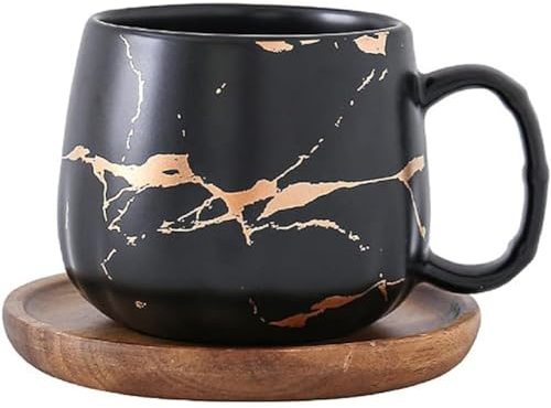 MAGICVOGEL Keramik Kaffeetasse mit Untertasse 400ml Kaffeebecher Espressotasse Set Marmor Optik Teetasse Cappuccino Tasse zum Geburtstag Muttertag Valentinstag Hochzeit (Schwarz)