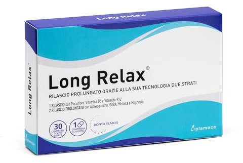 Plameca Long Relax - Integratore naturale anti ansia e stress - Doppia azione rilassante - Formula a due strati con Ashwagandha, Melissa, Passiflora, Gaba, Magnesio, Vitamina B6 e B12-30 Compresse