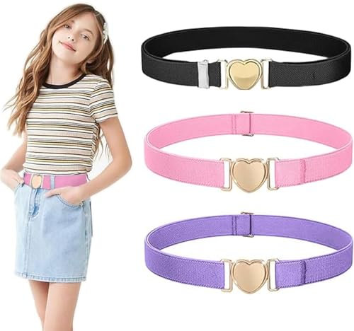ARROMI 3 Stück Kindergürtel, Herzform Gürtel für Mädchen, Elastische Taillengürtel für Kleider Jeans Hose Uniform (Schwarz, Rosa, Lila)