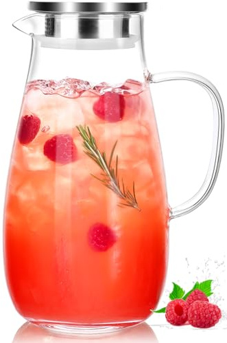 LUNA & MANTHA Glass Pitcher with Lid, Water Pitcher for Fridge, 64oz Drink Jug with handle, Borosilicate Glass for Iced Tea, Juice, Milk, Coffee Hot Cold Beverages Carafe 2 Quart