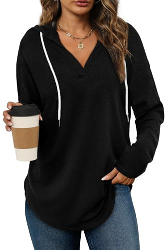 Cuptacc Sudadera con capucha para mujer, jersey con cuello en V, sudadera con capucha para mujer con cordón, sudadera, camiseta de manga larga, jersey oversized, Negro , XXL