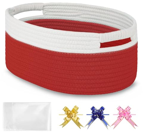 BOSROTY Small Woven Gift Basket with Bag & Ribbons, Red | Cotton Rope, 33x23x14 cm, Ideal for Kids, Women & Men, Bedroom, Living Room, Nursery & Bathroom Storage, Cat & Dog Toy Boxes