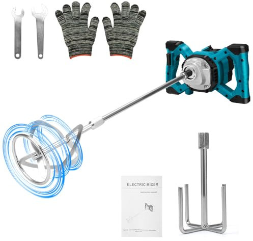 Mélangeur de mortier de couleur sans fil compatible avec batterie Makita, 3200 W batteur de mortier de couleur, batteur de béton, avec 2 tiges mélangeurs (Max 680 tr/min, Sans batterie)
