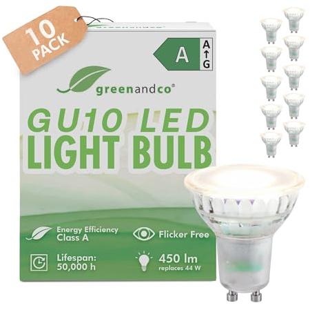 greenandco 10x GU10 | sostituisce 44W | bianco caldo 3000K | 2.5W 450lm | 36° | senza sfarfallio | classe di efficienza energetica A | lampadina LED 230V | non dimmerabile