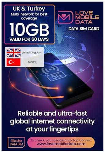 Love Mobile Data Only Sim Card - International Multi-Network 4G/5G Prepaid Pay As You Go Data Sim for Mobile Phones, WiFi Routers, & More, UK & Turkey - 10GB for 60 Days