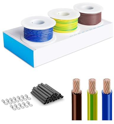 HuLuWa H07V-K 2,5 mm² Cavo Elettrico Unipolare Flessibile, 5 m x3 Colori (Blu, Marrone, Giallo-Verde), con 12 Capicorda ad Anello e Guaina Termorestringente