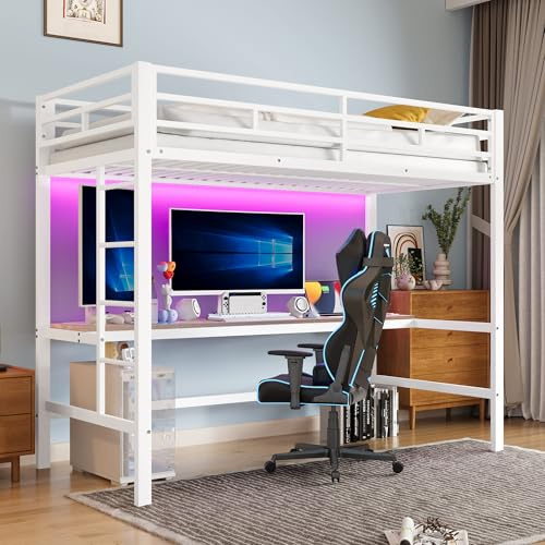 MQGPM Cama alta 90 x 200 cm, litera con escritorio y espacio de almacenamiento, cama con somier y protección anticaídas, para adultos, adolescentes y niños, color blanco