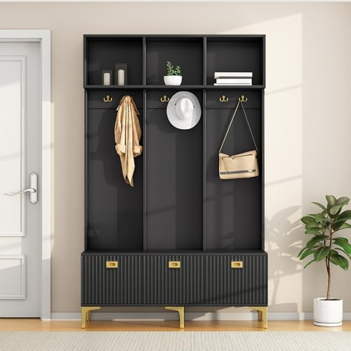 LARFOEK Garderobenset Wandgarderobe, Garderoben Set mit Schuhbank, Flurgarderoben mit 6 Kleiderhaken und Türen, Kompaktgarderobe für Flur, Wohnzimmer, Schwarz, 120 x 40 x 191,5 cm (Schwarz)