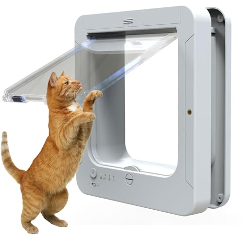 Puerta para Gatos con Microchip, Puerta para Gatos con Microchip, para con Chip con 4 Modos de Entrada y Salida, 2 Collares con Sensor y 1 Control Remoto, para Gato y Cachorro White