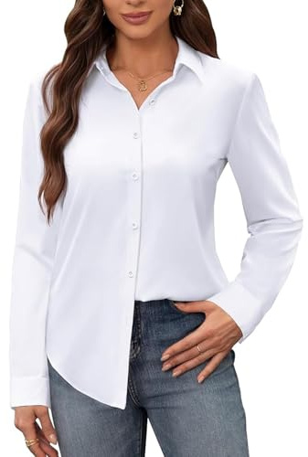InfiniZer White Shirts for Women UK, Button Down Oversized Long Sleeve Ladies White Shirt, Business Casual Blouse Top for Women (UK, Alpha, S, Regular, Regular)