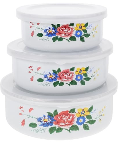 KOCKSHION 3Pcs Enamel Mixing Bowl Set with Lids, Large Medium Small Food Storage Containers, Floral Patterned Salad and Noodle Bowls for Kitchen and Dining Use