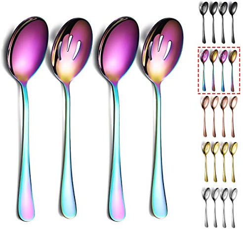 Rainbow Serving Spoons 4 Pieces, Kyraton Titanium Plating Serving Spoon, Include 2 Serving Spoon and 2 Slotted Spoons, Stainless Steel Serving Utensils, Serving Set Packing of 4