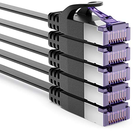 deleyCON 5x 1m Plat CAT7 Câble Réseau (CAT 7 avec 10 Gbit/s) Gigabit LAN - RJ45 Ethernet Court Câble de Raccordement Plat - pour Internet Switch Routeur Modem Panneau de Brassage - Noir
