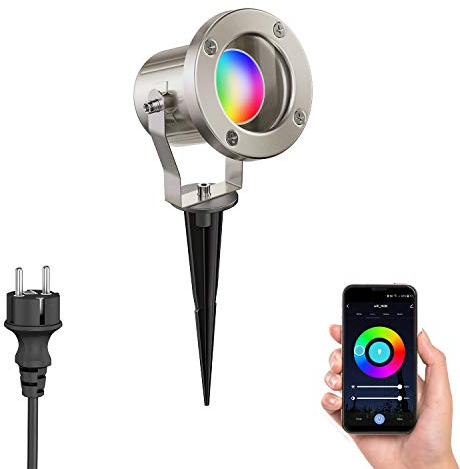 ledscom.de Faretto da giardino con picchetto a terra MIBU per uso esterno, acciaio inox, cromo opaco, incl. lampada LED Smart Home RGBW GU10, 5,41W, 473lm