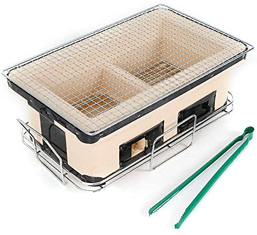Barbecue Japonais Rectangulaire Gril En Céramique Au Charbon De Bois Hibachi Réchaud De Table Yakiniku Cuiseur À Charbon Avec Food Tong Pour L'extérieur Intérieur Camping (Beige)