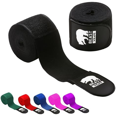 BBGuards Bande Boxe 5 mètres Semi-élastiques et avec Boucle de Pouce. Bandages de Boxe pour Hommes et Femmes (Kick Boxing, Muay Thai, MMA, Arts Martiaux, fitboxing). Bandes de Boxe Respirantes (Noir)