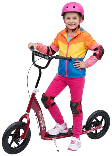 HOMCOM Trottinette Enfant patinette pneus 30 cm Hauteur Guidon réglable poignée Frein et béquille Acier pour Enfants à partir de 5 Ans Rouge
