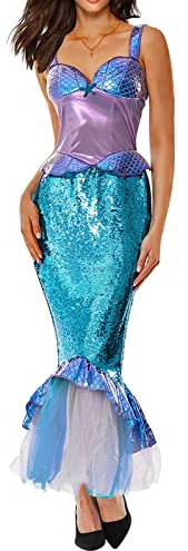 Edhomenn Robe sirène sans manches pour femme – Costume de sirène longue – Robe queue de sirène pour Halloween – Costumes pour adultes (B-violet bleu, taille L)