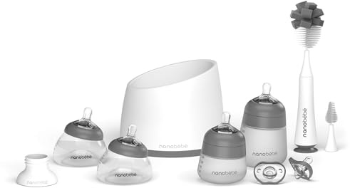 Nanobebe Breastmilk and Silicone Baby Bottle Complete Set Gen 2 with Anti-Colic Nipples, Bottle Brush, Pacifiers, Warmer, Pump Adapter - 5oz and 9oz in Grey