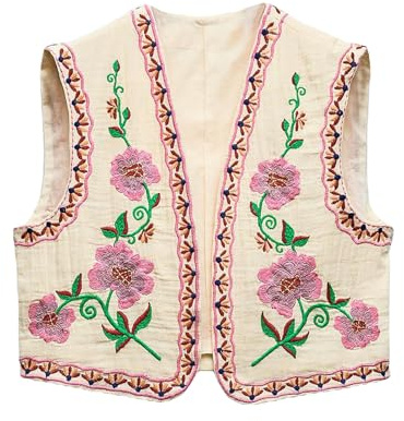 Gilet court sans manches pour femme - Style bohème - Avec broderie florale - Ouverture sur le devant, X2 blanc., L