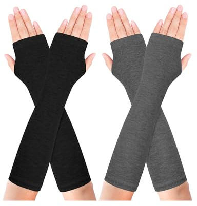 Becellen 2 par långa armvärmare, termostrumpbyxor stickade fingerlösa handskar, varma vinterhandskar, stretchiga handvärmare, pulsvärmare med tumhål, över för kvinnor och män