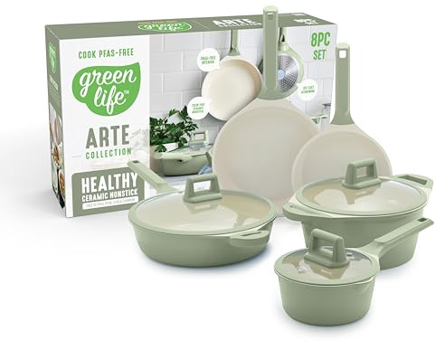 GreenLife Arte 8 Piece Ceramic Nonstick Cookware Pots and Pans Set, Induction Suitable, PFOA & PFAS Free, Stay-Cool Handles, Glass Lids, Stock Saucepans & Frying Pans, Dishwasher Safe, Sage Green