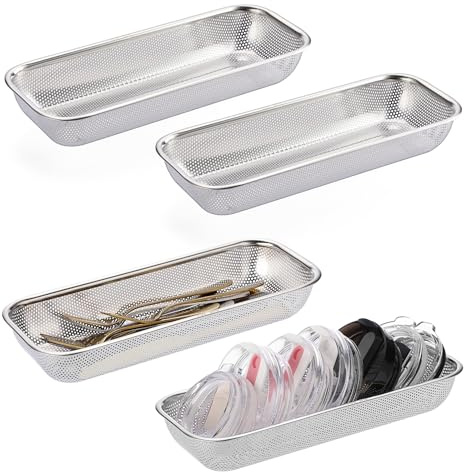 SUMNACON 4 Pcs Stainless Steel Storage Drain Basket Cup Lid Organizer, Rectangle Hole Kitchen Utensil Storage Organizer Dishwasher Silverware Holder Rack Chopsticks Spoons Drying Basket