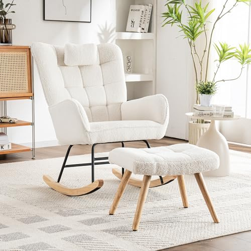 BTM Fauteuil a Bascule avec Repose Pied, Rocking Chair with Foot Rest Réglable, avec Appui-tête & Rembourrage Épais & Glissières Feutre, Allaitement Chambre Bebe pour Salon, Blanc