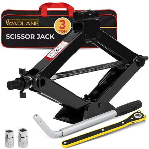 GADLANE Kit de gato de tijera – Kit de gato portátil resistente de 3 toneladas con llave extensible, trinquete para un fácil levantamiento para autos/SUVS/sedanes, caja de almacenamiento compacta