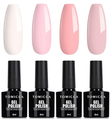 TOMICCA 4Pcs Gel Nail Polish Set, French White Baby Pink Gel Nail Polish, Soak Off UV LED Nail Varnish Starter Manicure Salon DIY at Home