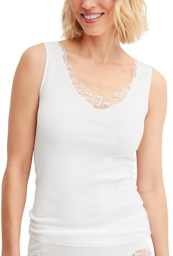 Calida Women's Cotton Desire Tank Top | 100% Fine Rib Cotton | Seamless No Side Seams | Lace Neckline | Oeko-TEX Certified White