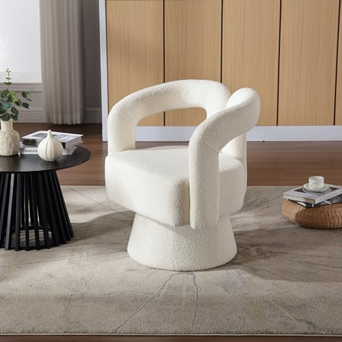 OKMYHOME - Sillón giratorio 360° con asiento tapizado en tejido rizado, marco madera y metal, carga 150 kg, 67 x 55 x 74 cm, color beige
