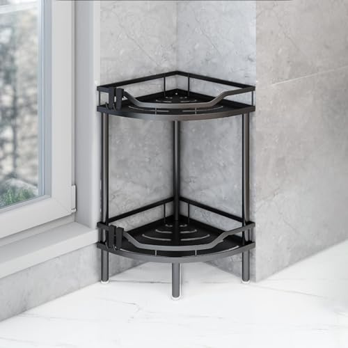 KJHWYXD Mensola Doccia Angolare Senza Forare, Porta Shampoo Sapone Doccia da Terra, Grande capacità Scaffale Bagno, Portaoggetti Doccia con Ganci, per Bagno Cucina(Size:2 Tier,Color:Nero)