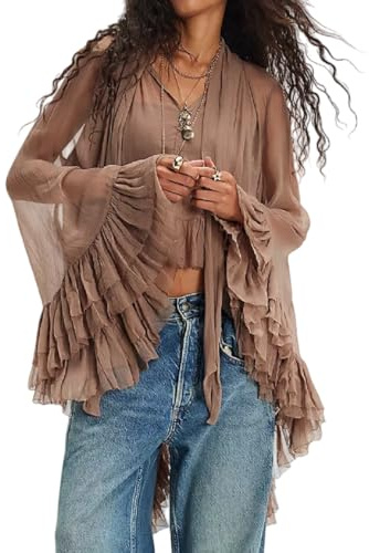 NUFIWI Women Sheer Ruffle Flowy Blouse Chiffon Shawl Cape Top Brown