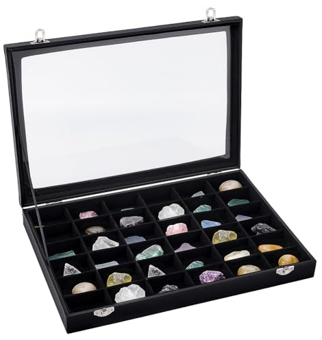 PH PandaHall Scatola Collezioni di Rocce Custodia Esposizione Gioielli Pelle Sintetica 36 Griglie Nera Orecchini Organizzatore Scatola con Finestra Visibile per Cassetto Casa