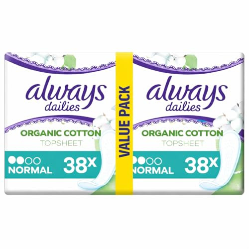 Always Dailies Pantyliners Cotton Protection Normal - 76 Panty Liners (2 Packs of 38) Organic Cotton Top Sheet Breathable Liners for Daily Freshness and Sensitive Skin Care