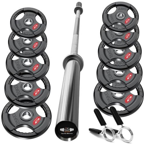 FK Sports Olympic Barbell Weights Set – 65KG|100KG|150KG Cast Iron Tri-Grip Weight Plates with 4FT|5FT|6FT|7FT Barbell - 2inch Complete Strength Training Weight Set for Home Gym (65KG SET + 5FT BAR)