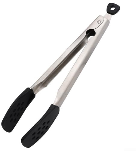 Pinzas para asar con marco de acero inoxidable y forros de silicona para mayor seguridad, durabilidad y utilidad de cocina multitarea (negro)