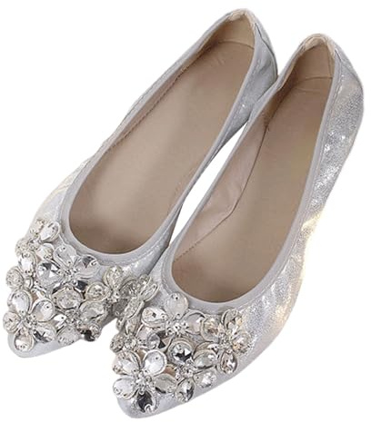 Generisch Chaussures de mariage classiques pour femme - Chaussures de princesse - Paillettes - Flamenco - Chaussures de travail plates - Ballerines fermées avec strass - Chaussures de loisirs, argenté