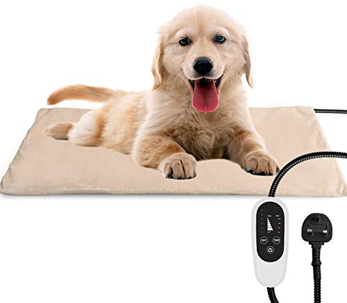 NICREW Pet Heating Pad, Temperature Adjustable, 70 x 40 cm, 75W Max, Khaki | 6 Temperature Settings, Auto Shut-Off Timer, Soft Fleece Cover, Chew Resistant Cord, Small Medium Pets Less than 14 kg