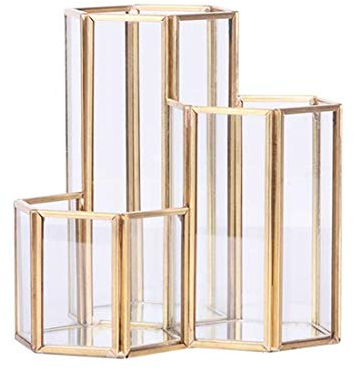 Verve Jelly Glass Makeup Brush Holder Organizer, 3 Tube Copper Transparent Cosmetic Holder Hexagon Pen Holder Cosmetic Accessories Storage Box Desk Organizer for Dresser Vanity Countertop Office