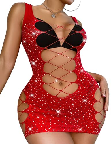 RSLOVE Lingerie Femme en Résille Nuisette - Hot Chaude Vêtements De Nuit Sexy Robe sans Manches Rouge Taille Unique