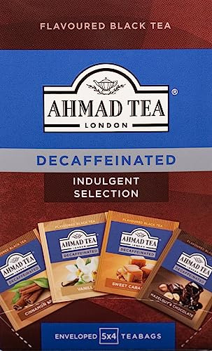 Ahmad Tea Black Tea | Decaffeinated Indulgent Selection | Vanilla, Sweet Caramel, Chocolate & Hazelnut, Cinnamon Spice | 20 Teabag Sachets | 1 Pack
