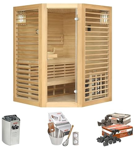 Holl's Sauna Neptune 3/4 Places Poêle électrique Harvia Vega 4,5 KW + Pack Accessoires Premium pour Sauna Traditionnel Seau & Louche + Hygro/Thermomètre + Pierres de laves HL-NP03C-PK