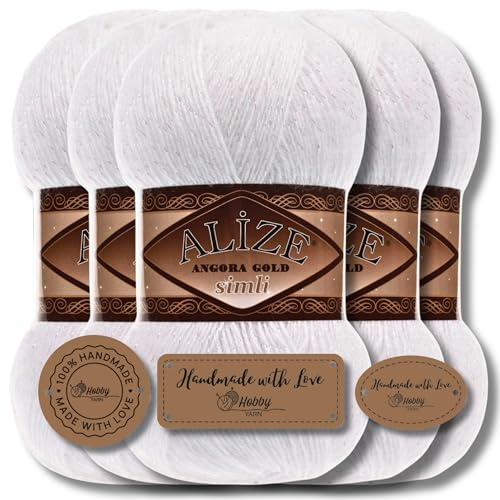 Hobby YARN Alize Angora Gold Simli, 5 gomitoli di lana turca di alta qualità, 100 g, in lana vergine con effetto glitter per bambini, come filato per lavorare a maglia, lana d'angora, tinta unita