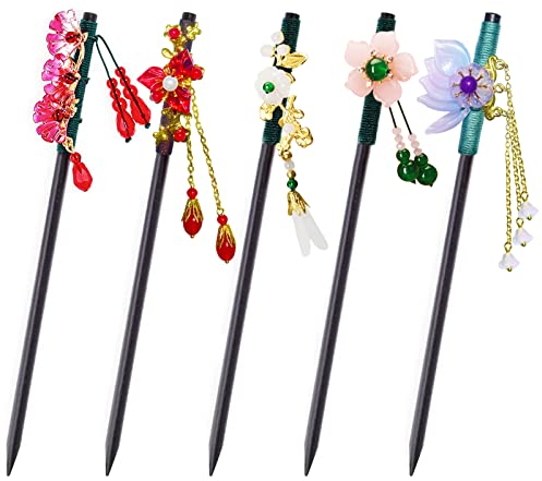 Saijer Haarstäbchen,5 Stücke Chinesische Haarstäbchen Vintage Haar Essstäbchen Haarnadel Haarspangen Haarstab Haarstock Haarschmuck Haar Sticks Blume Haar Stäbchen für Frauen Mädchen Haar Zubehör