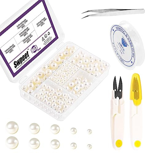 Swpeet 800 cuentas de perlas perforadas blancas y tijeras de 5 tamaños de 4 mm, 6 mm, 8 mm, 10 mm, 12 mm, pinzas con kit surtido de hilos elásticos de 0,8 mm, cuentas de manualidades, perlas sueltas